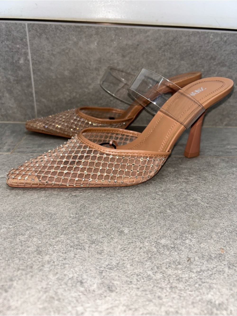 Zara Clear Strap Nude bejeweled Mesh Pointed-Toe Heels size 38 or 7.5 NWT